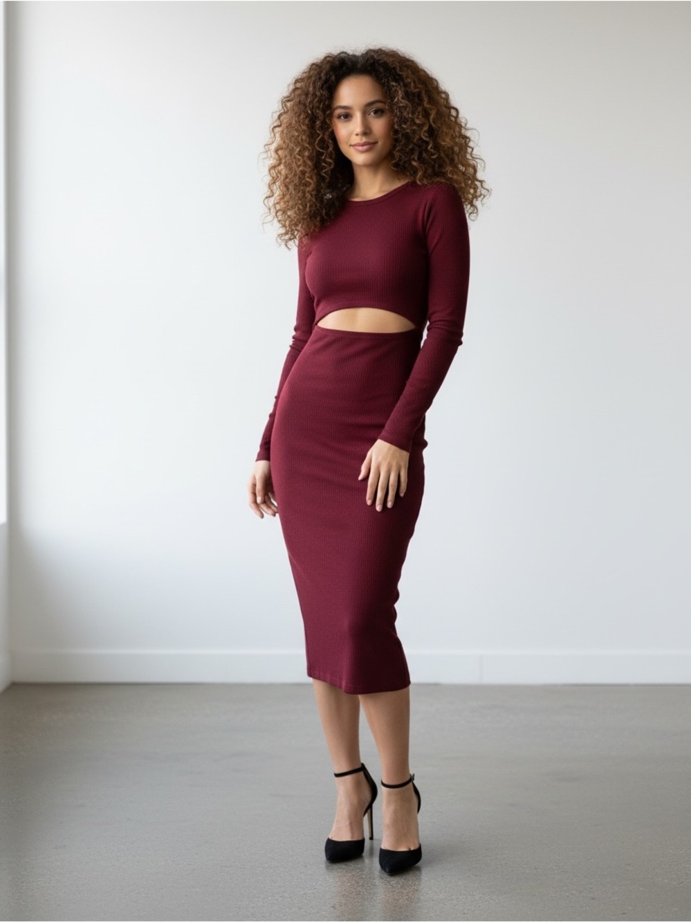 PrettyGarden Body-con Burgundy Long Sleeve Cutout Midi Dress - Size S